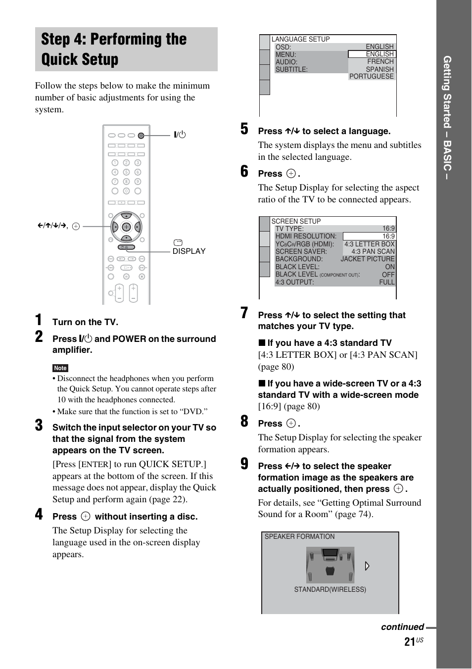 Step 4: performing the quick setup, Step 4: performing the quick, Setup | Sony DAV-FX900W User Manual | Page 21 / 112