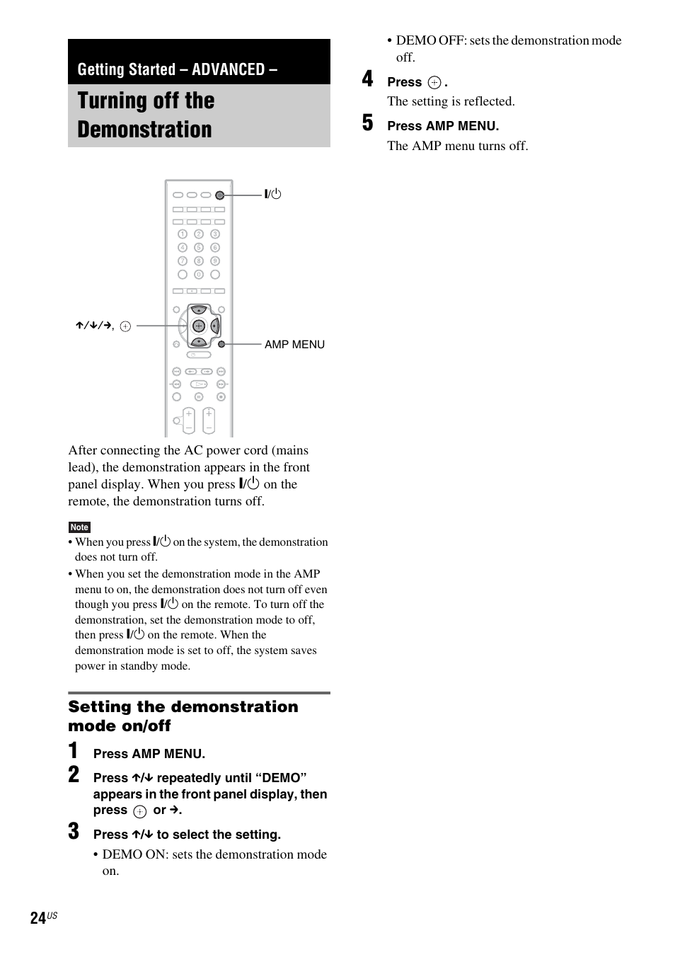 Getting started - advanced, Turning off the demonstration, Setting the demonstration mode on/off | Getting started – advanced | Sony DAV-FX900W User Manual | Page 24 / 112