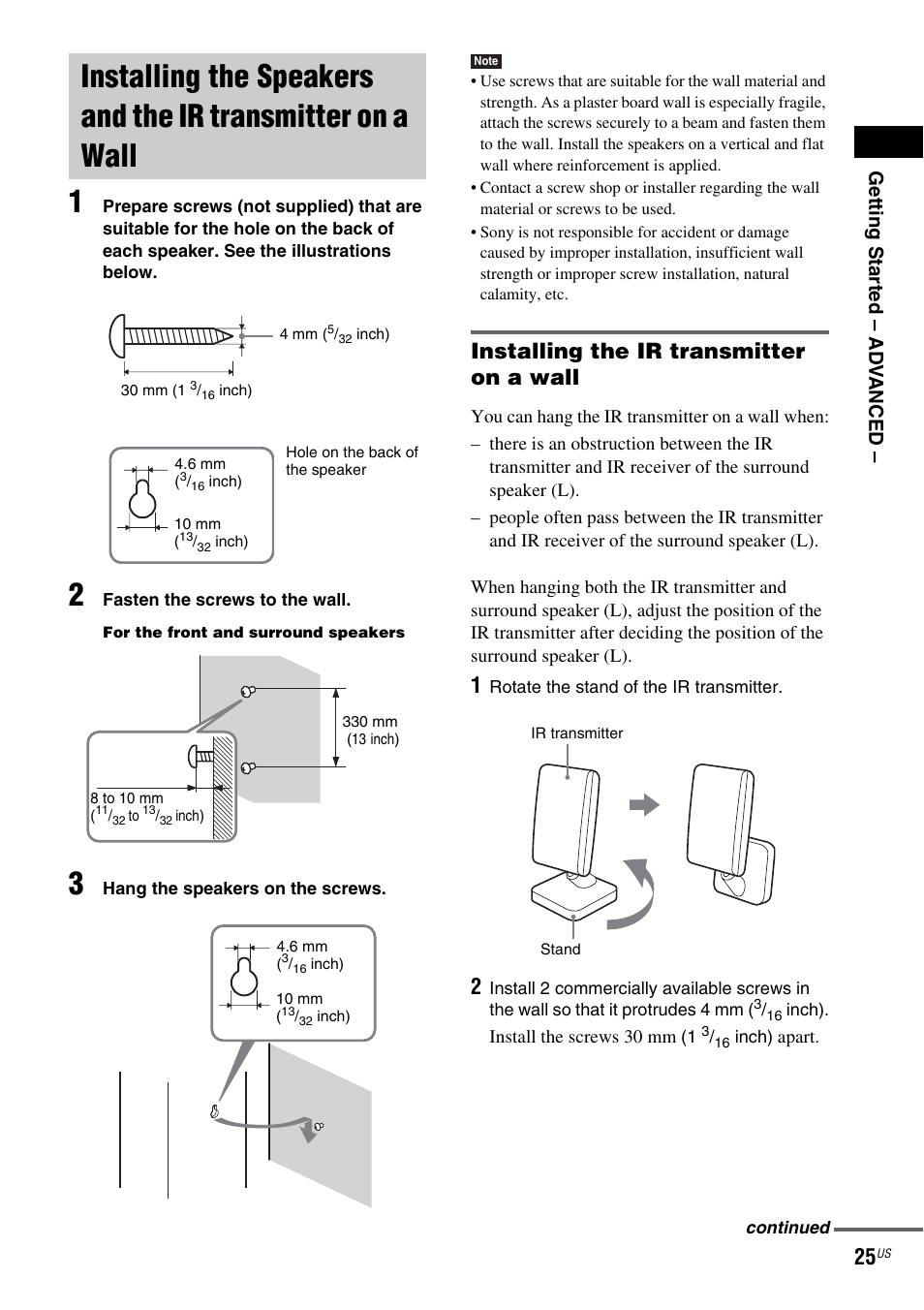 Installing the ir transmitter on a wall, Installing the speakers and the ir, Transmitter on a wall | Getting star ted – ad v anced | Sony DAV-FX900W User Manual | Page 25 / 112