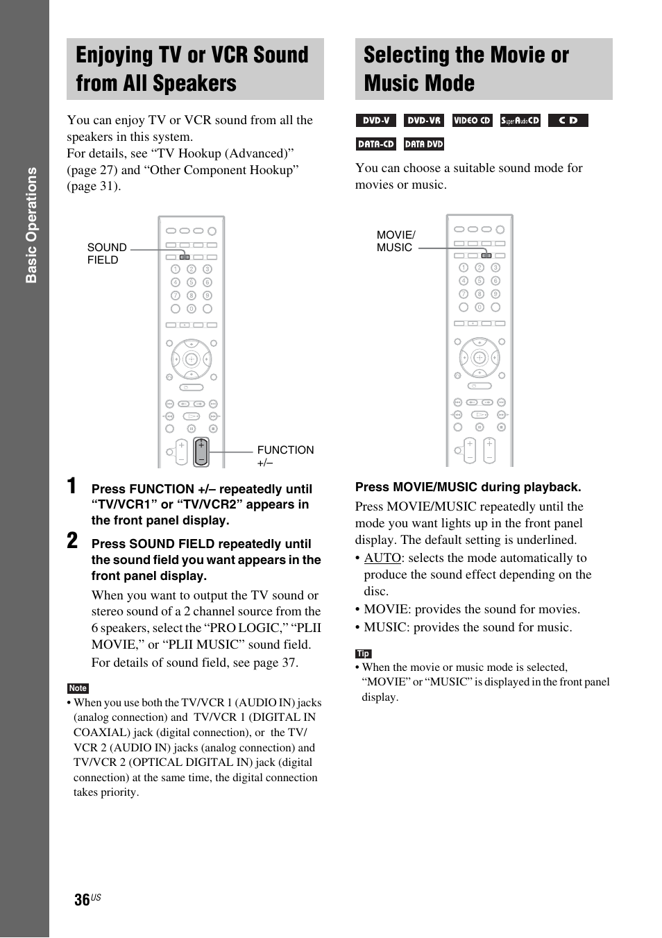Enjoying tv or vcr sound from all speakers, Selecting the movie or music mode, Enjoying tv or vcr sound from all | Speakers, Selecting the movie or music, Mode | Sony DAV-FX900W User Manual | Page 36 / 112