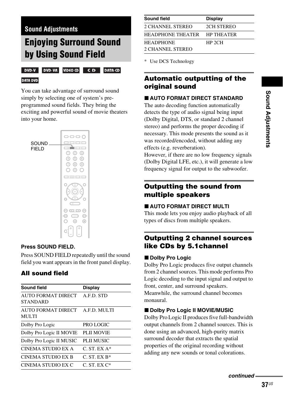 Sound adjustments, Enjoying surround sound by using sound field, Automatic outputting of the original sound | Outputting the sound from multiple speakers, Enjoying surround sound by using sound, Field | Sony DAV-FX900W User Manual | Page 37 / 112