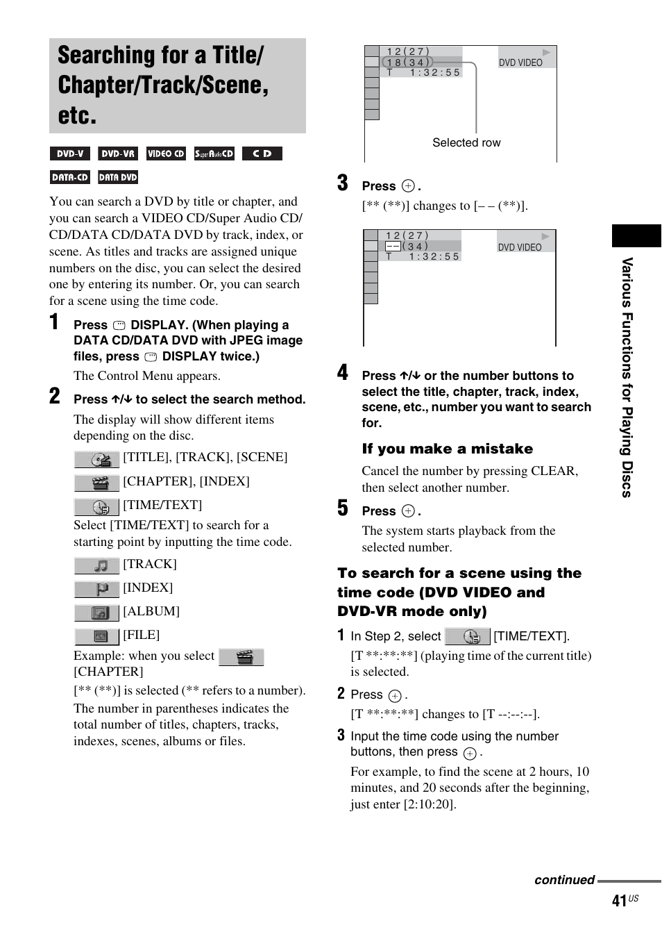 Searching for a title/ chapter/track/scene, etc, Searching for a title/chapter/track, Scene, etc | Sony DAV-FX900W User Manual | Page 41 / 112