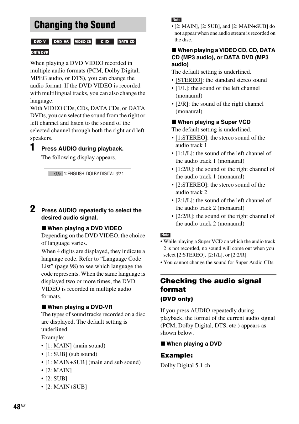 Changing the sound, Checking the audio signal format | Sony DAV-FX900W User Manual | Page 48 / 112