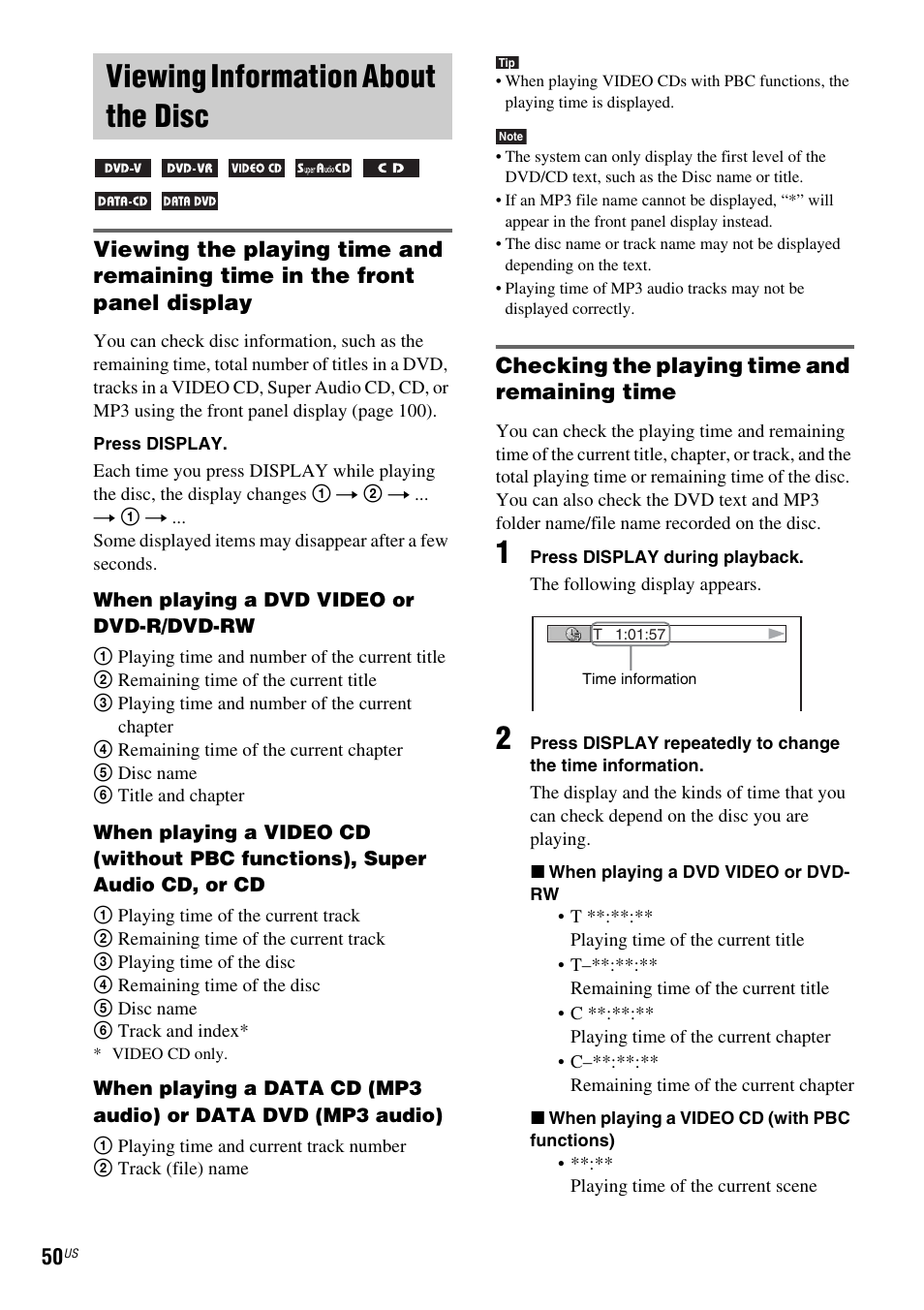 Viewing information about the disc, Checking the playing time and remaining time, Viewing information about | The disc | Sony DAV-FX900W User Manual | Page 50 / 112