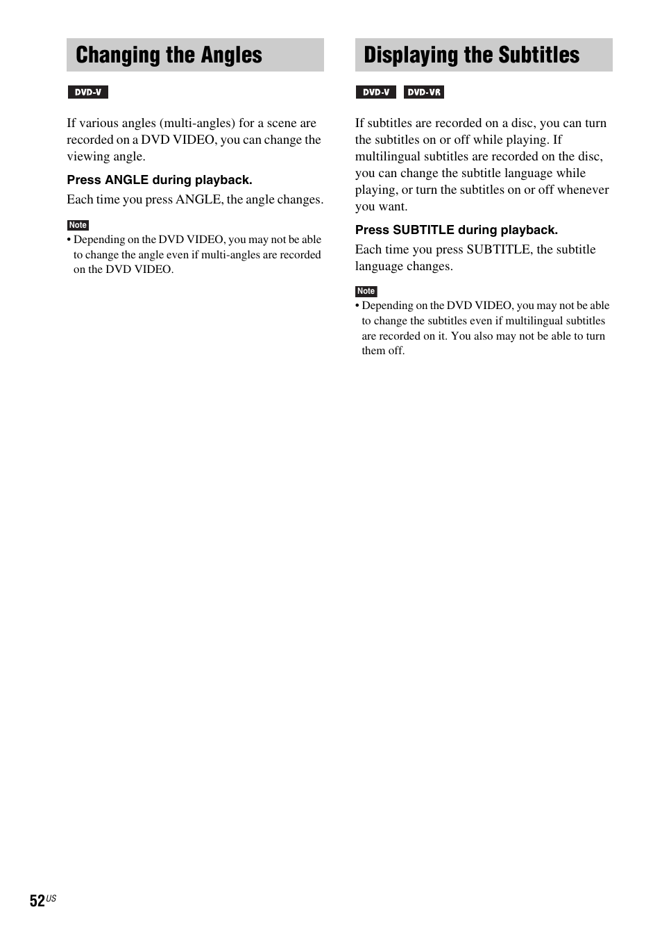 Changing the angles, Displaying the subtitles, Changing the angles displaying the subtitles | Sony DAV-FX900W User Manual | Page 52 / 112