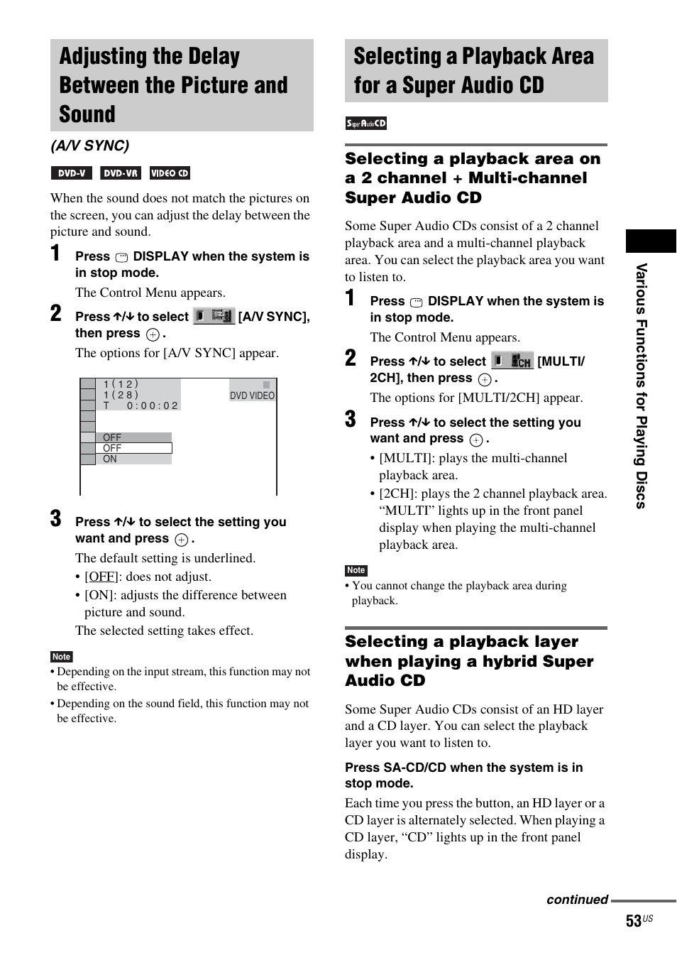 Adjusting the delay between the picture and sound, Selecting a playback area for a super audio cd, Adjusting the delay between the picture | And sound (a/v sync), Selecting a playback area for a super, Audio cd | Sony DAV-FX900W User Manual | Page 53 / 112