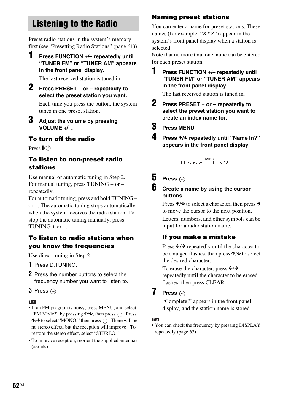 Listening to the radio | Sony DAV-FX900W User Manual | Page 62 / 112