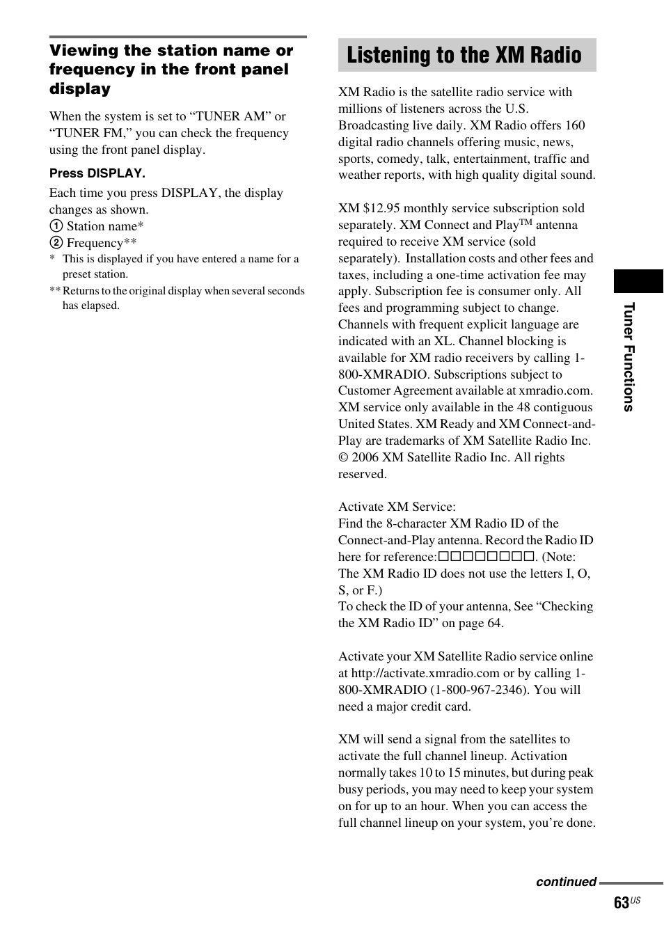 Listening to the xm radio | Sony DAV-FX900W User Manual | Page 63 / 112