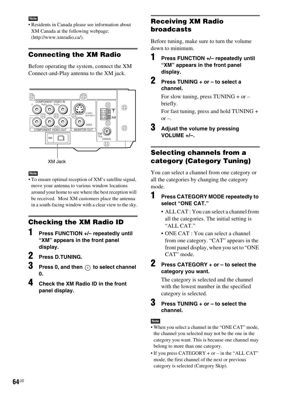 Connecting the xm radio, Checking the xm radio id, Receiving xm radio broadcasts | Sony DAV-FX900W User Manual | Page 64 / 112
