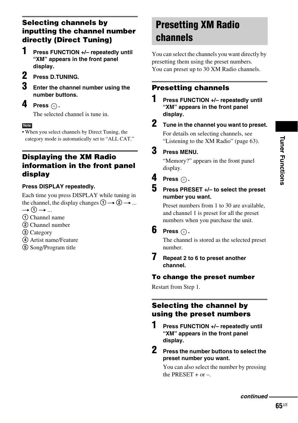 Presetting xm radio channels, Presetting channels, Selecting the channel by using the preset numbers | Sony DAV-FX900W User Manual | Page 65 / 112