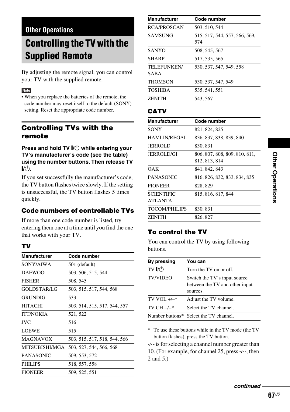 Other operations, Controlling the tv with the supplied remote, Controlling tvs with the remote | Controlling the tv with the supplied, Remote | Sony DAV-FX900W User Manual | Page 67 / 112