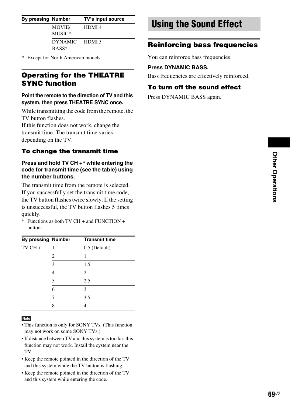 Operating for the theatre sync function, Using the sound effect, Reinforcing bass frequencies | Sony DAV-FX900W User Manual | Page 69 / 112