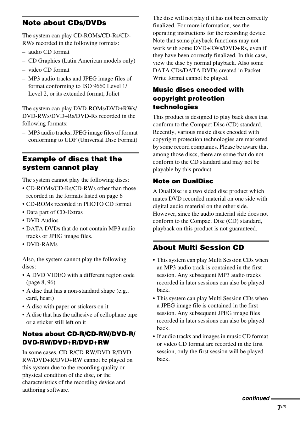 Note about cds/dvds, Example of discs that the system cannot play, About multi session cd | Sony DAV-FX900W User Manual | Page 7 / 112