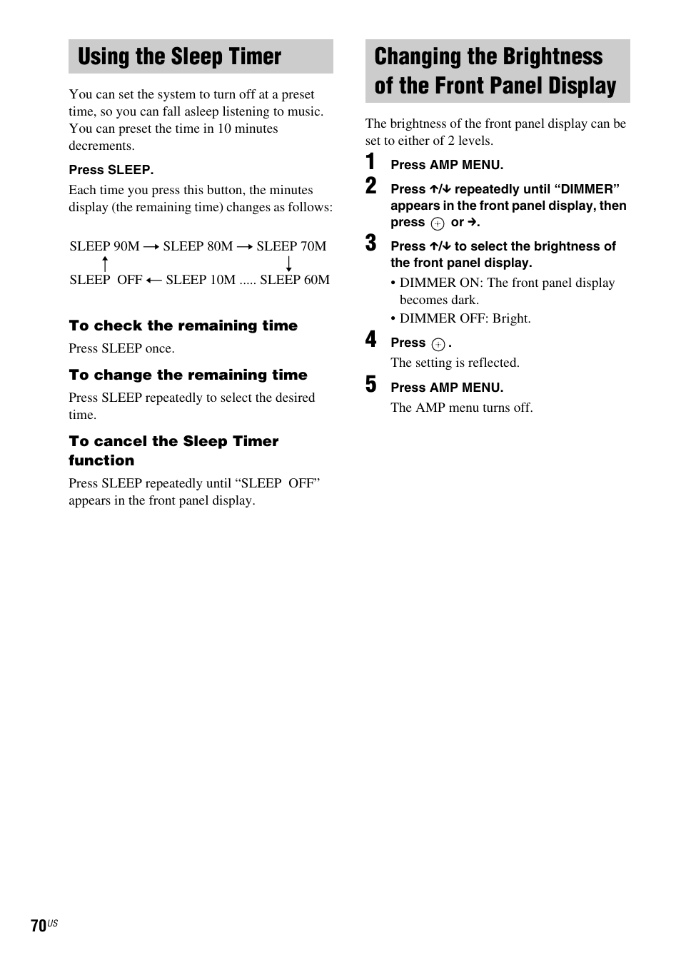 Using the sleep timer, Changing the brightness of the front panel display, Changing the brightness of the front | Panel display | Sony DAV-FX900W User Manual | Page 70 / 112