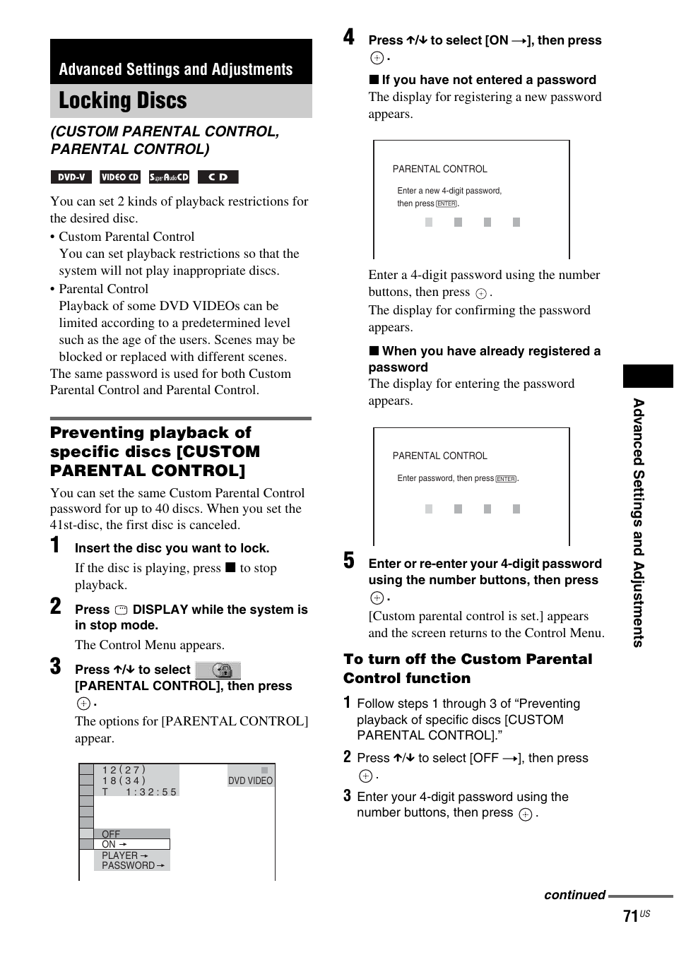 Advanced settings and adjustments, Locking discs, Custom parental control, parental control) | Sony DAV-FX900W User Manual | Page 71 / 112
