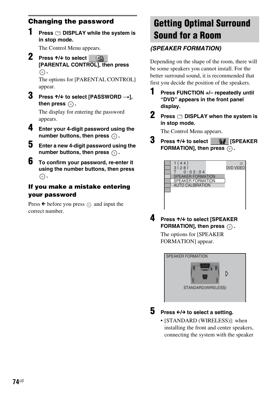 Changing the password, Getting optimal surround sound for a room, Getting optimal surround sound for a | Room (speaker formation) | Sony DAV-FX900W User Manual | Page 74 / 112
