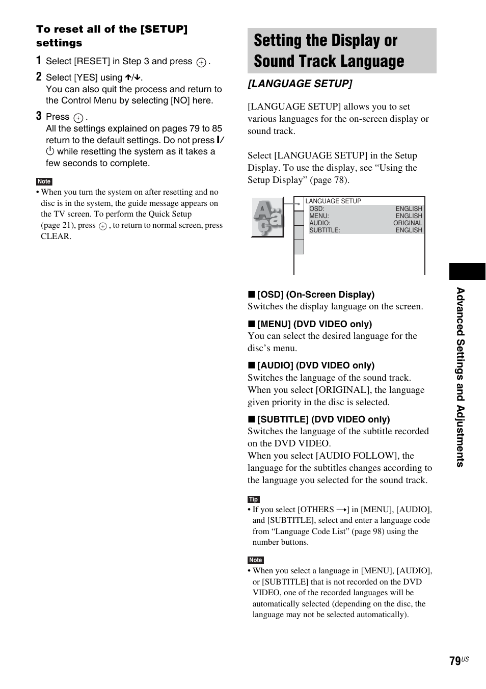 Setting the display or sound track language, Setting the display or sound track, Language [language setup | Sony DAV-FX900W User Manual | Page 79 / 112