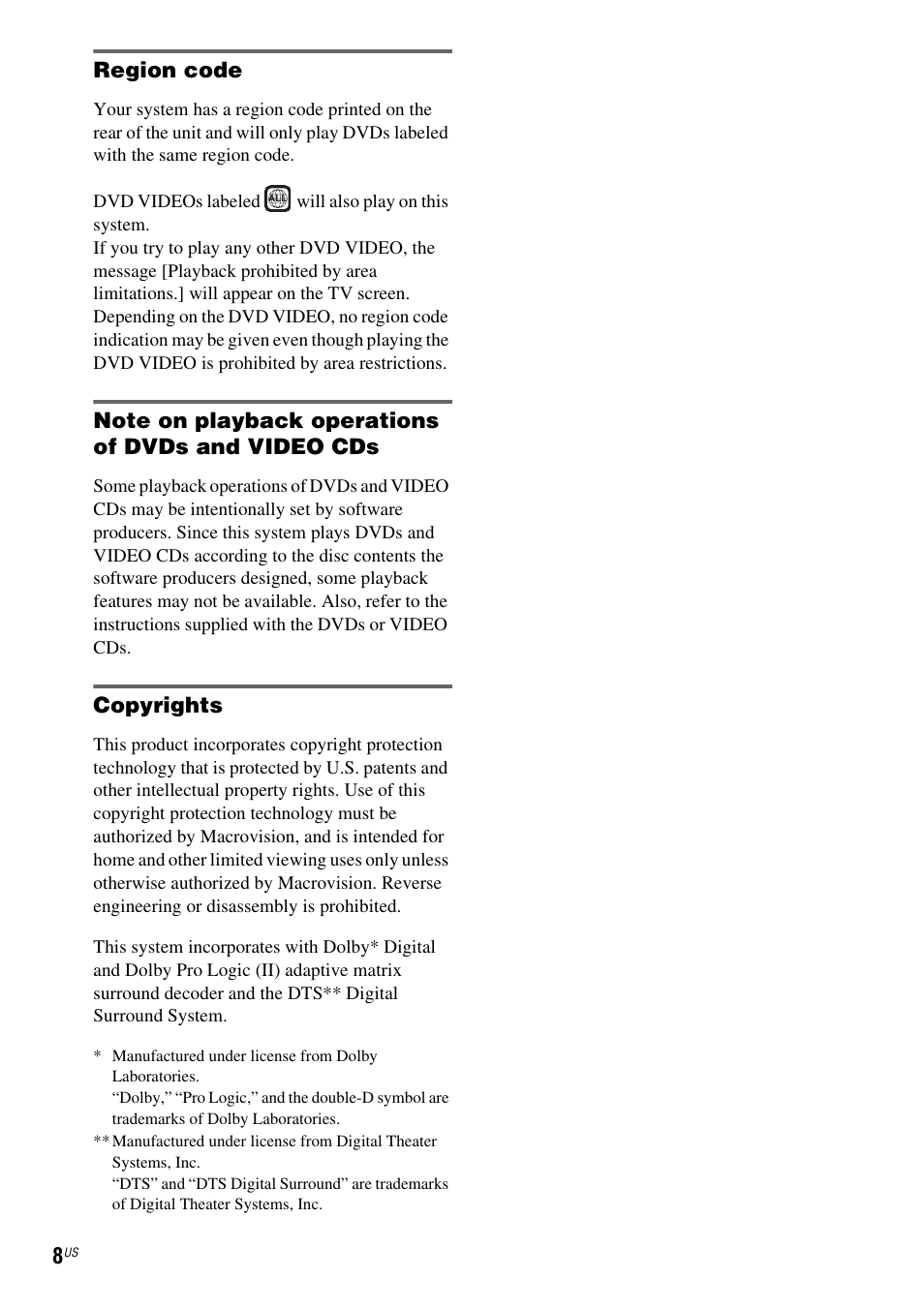 Region code, Note on playback operations of dvds and video cds, Copyrights | Sony DAV-FX900W User Manual | Page 8 / 112