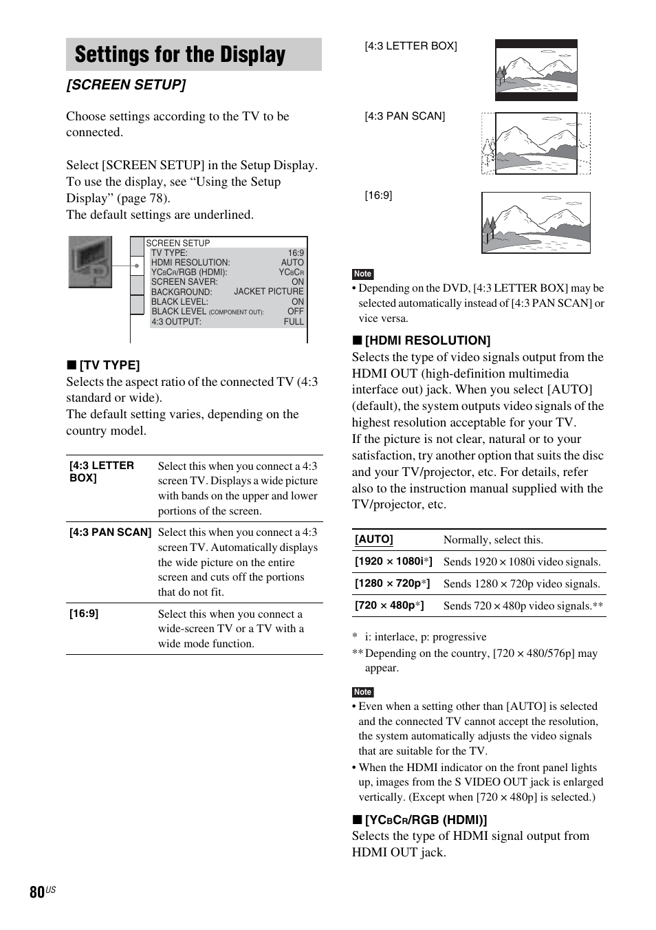 Settings for the display, Screen setup | Sony DAV-FX900W User Manual | Page 80 / 112