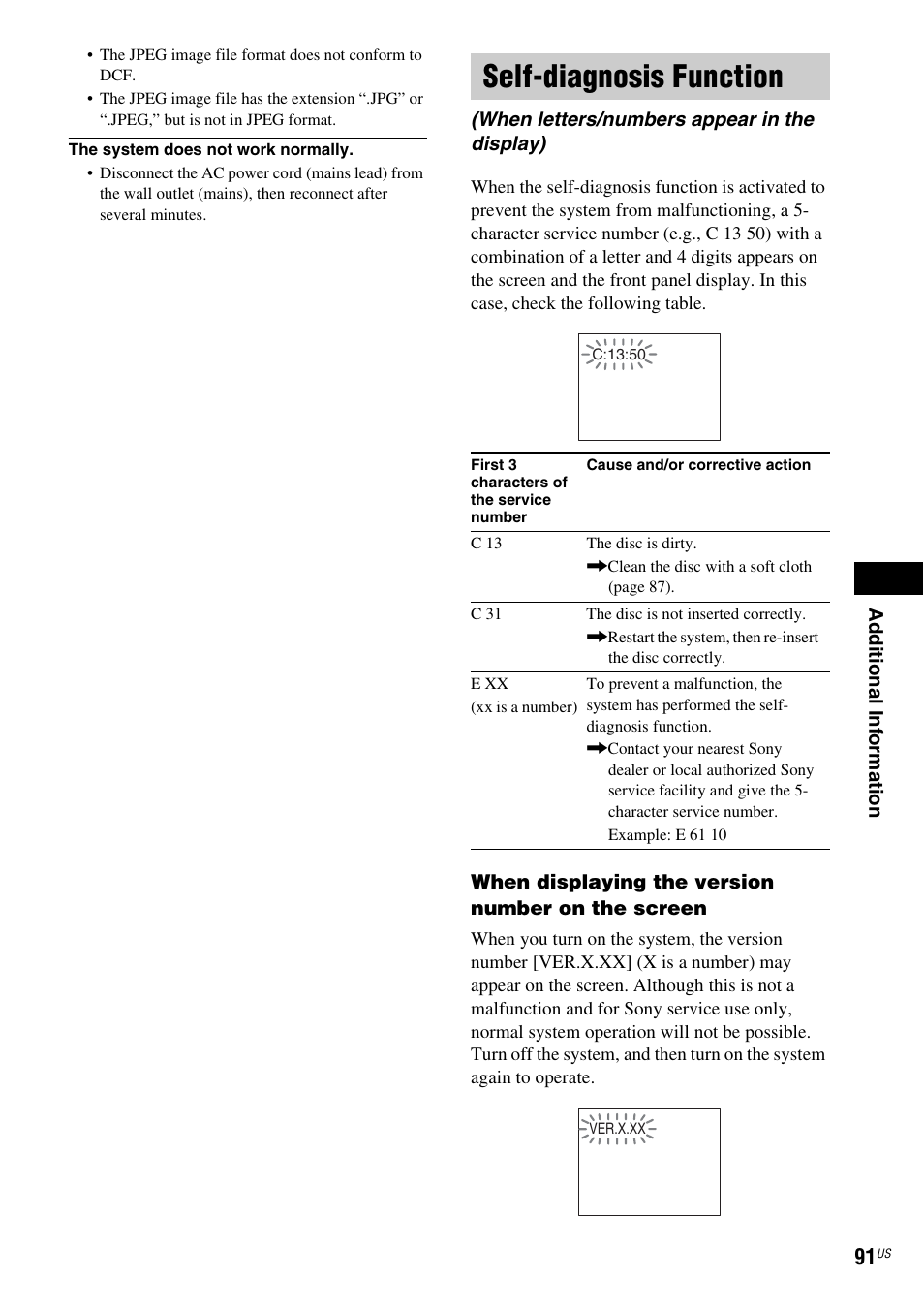Self-diagnosis function, When letters/numbers appear in the display) | Sony DAV-FX900W User Manual | Page 91 / 112