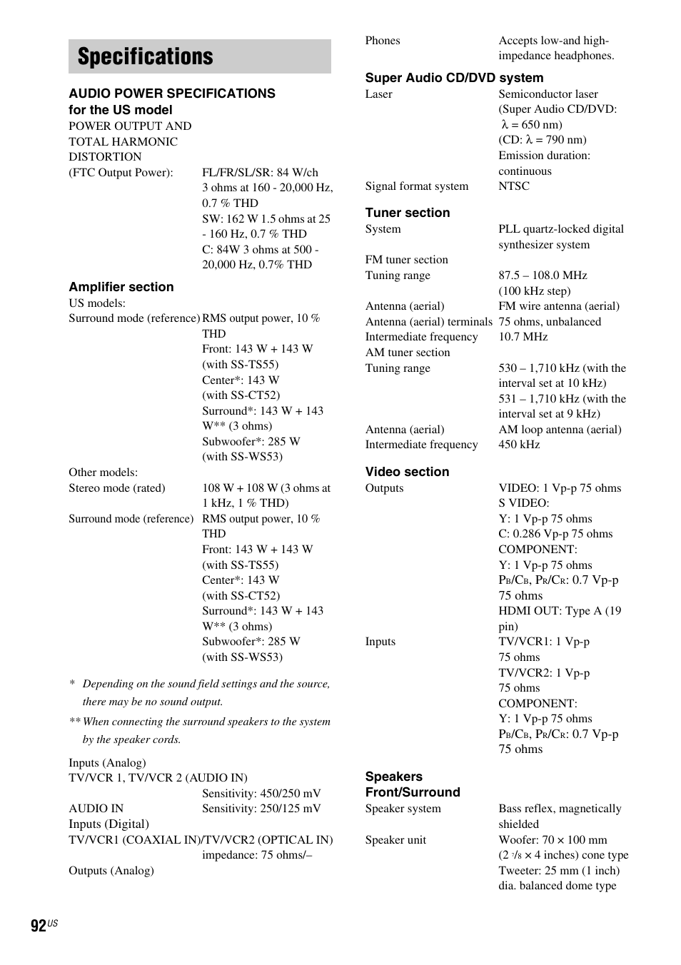 Specifications | Sony DAV-FX900W User Manual | Page 92 / 112