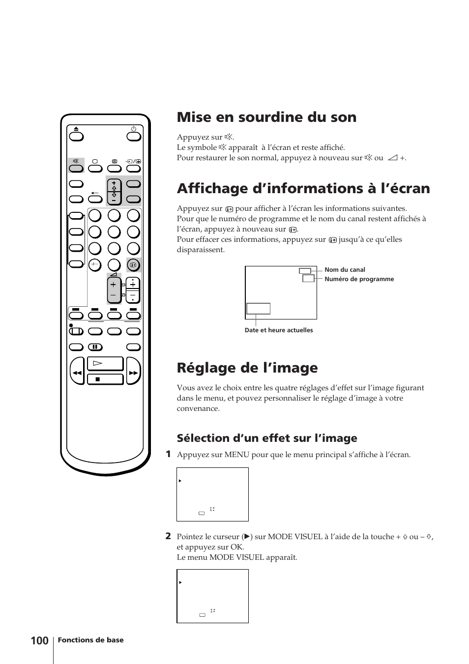 Mise en sourdine du son, Affichage d’informations à l’écran, Réglage de l’image | Sélection d’un effet sur l’image | Sony Trinitron KV-14V4D User Manual | Page 100 / 210