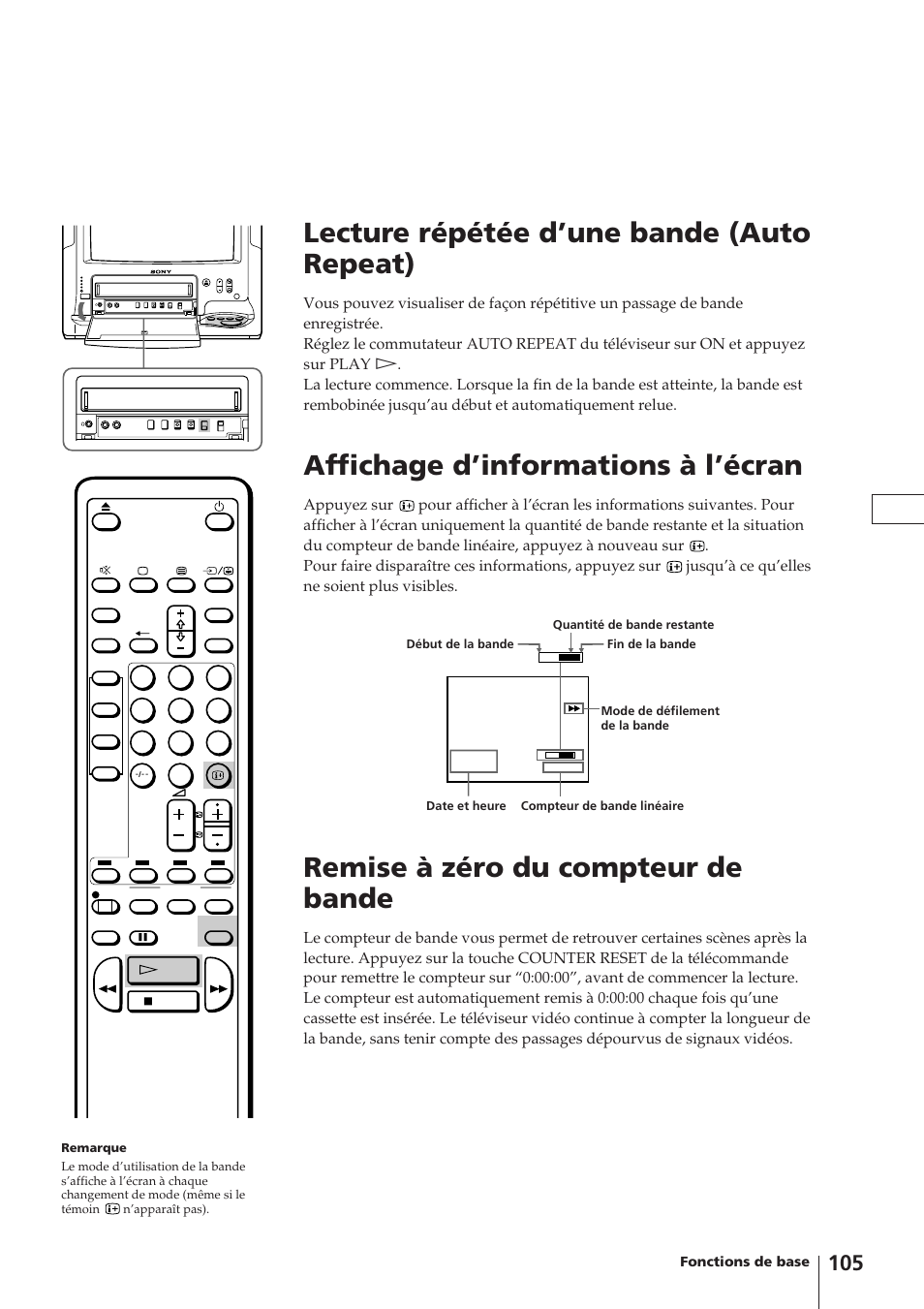 Lecture répétée d’une bande (auto repeat), Affichage d’informations à l’écran, Remise à zéro du compteur de bande | Sony Trinitron KV-14V4D User Manual | Page 105 / 210