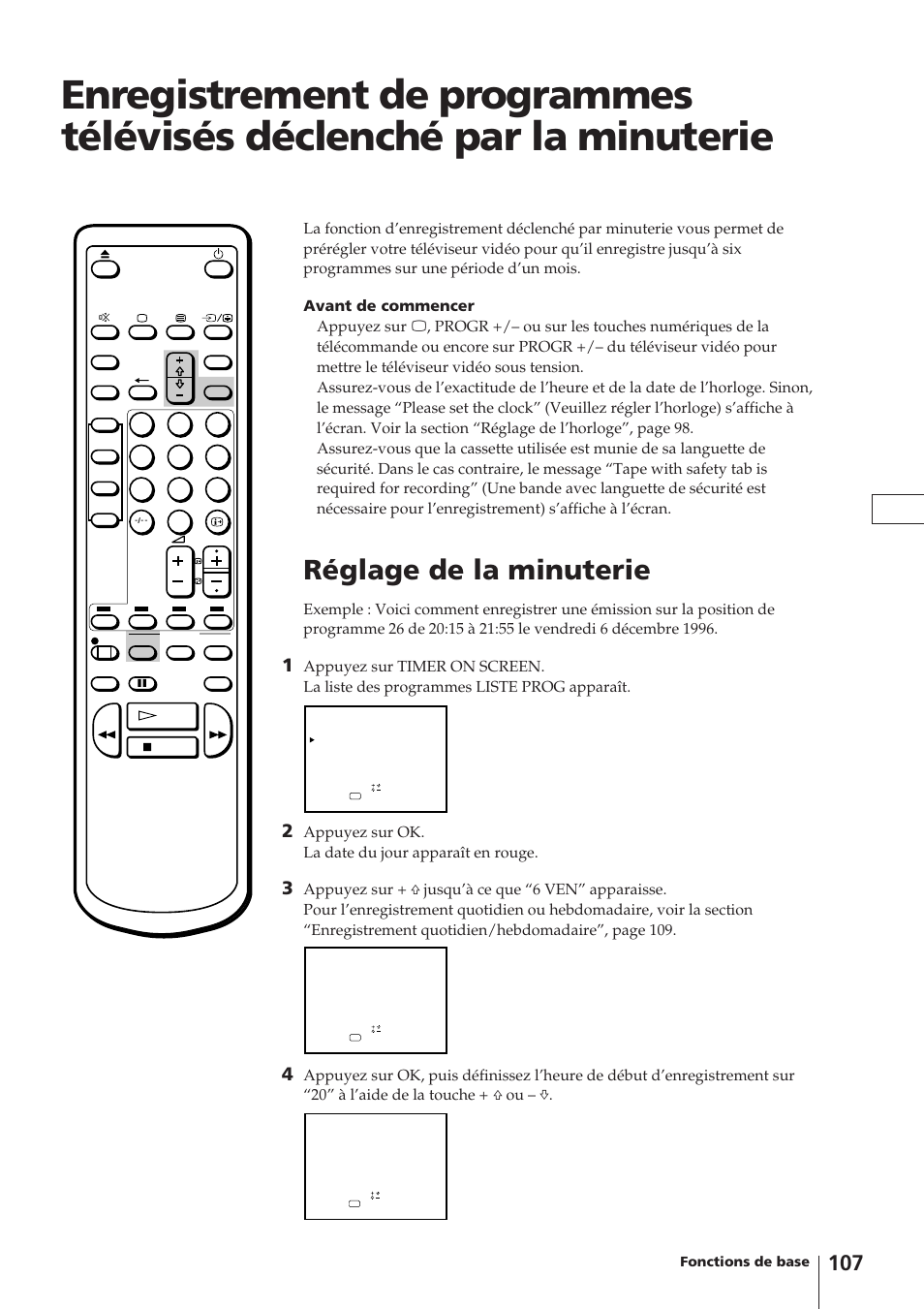 Réglage de la minuterie, Appuyez sur ok. la date du jour apparaît en rouge, Fonctions de base | Sony Trinitron KV-14V4D User Manual | Page 107 / 210