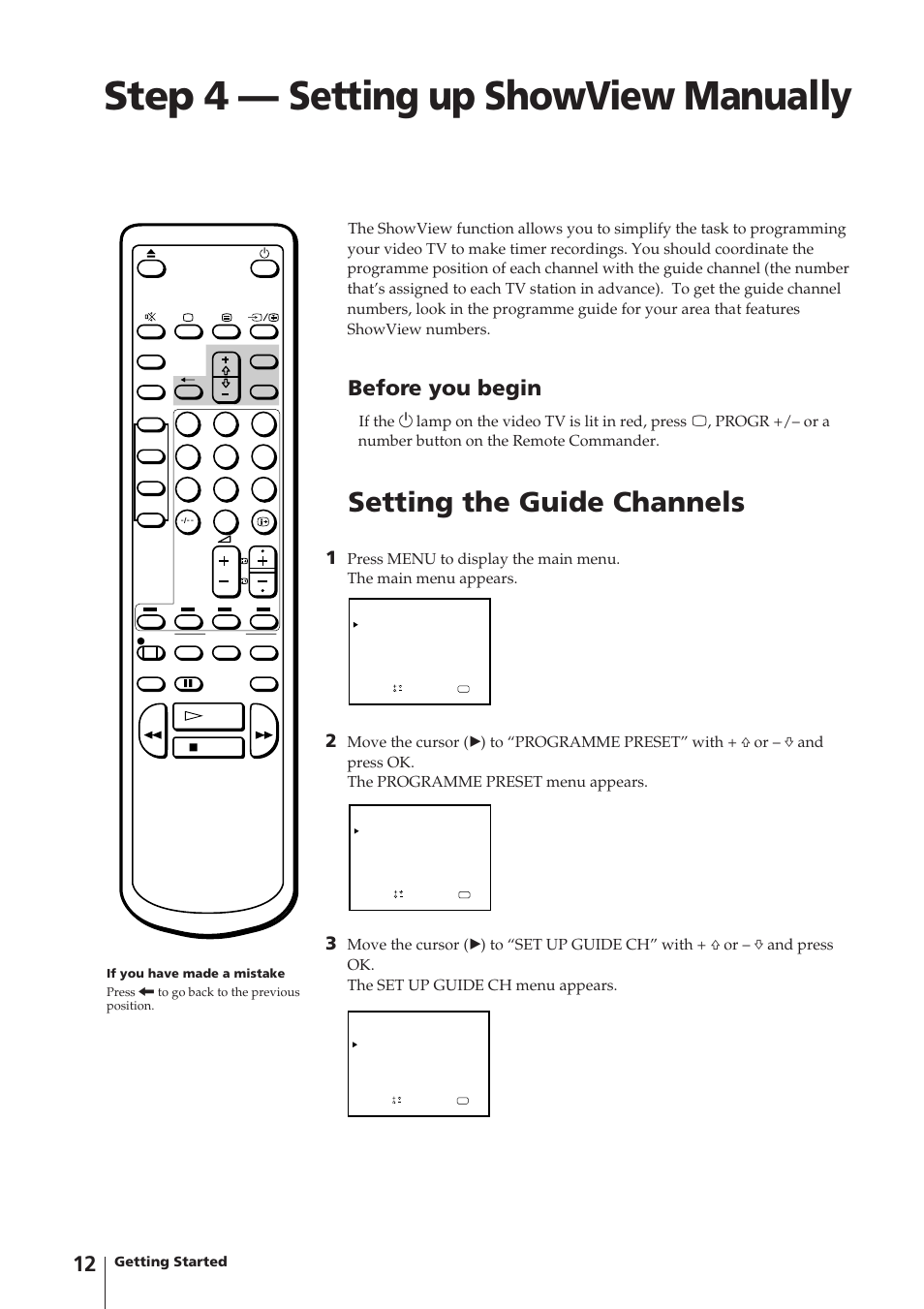 Step 4 — setting up showview manually, Setting the guide channels, Before you begin | Sony Trinitron KV-14V4D User Manual | Page 12 / 210