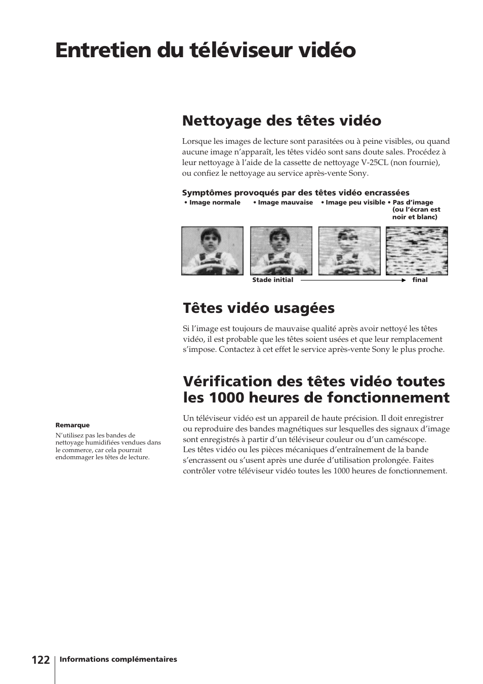 Entretien du téléviseur vidéo, Têtes vidéo usagées, Nettoyage des têtes vidéo | Sony Trinitron KV-14V4D User Manual | Page 122 / 210