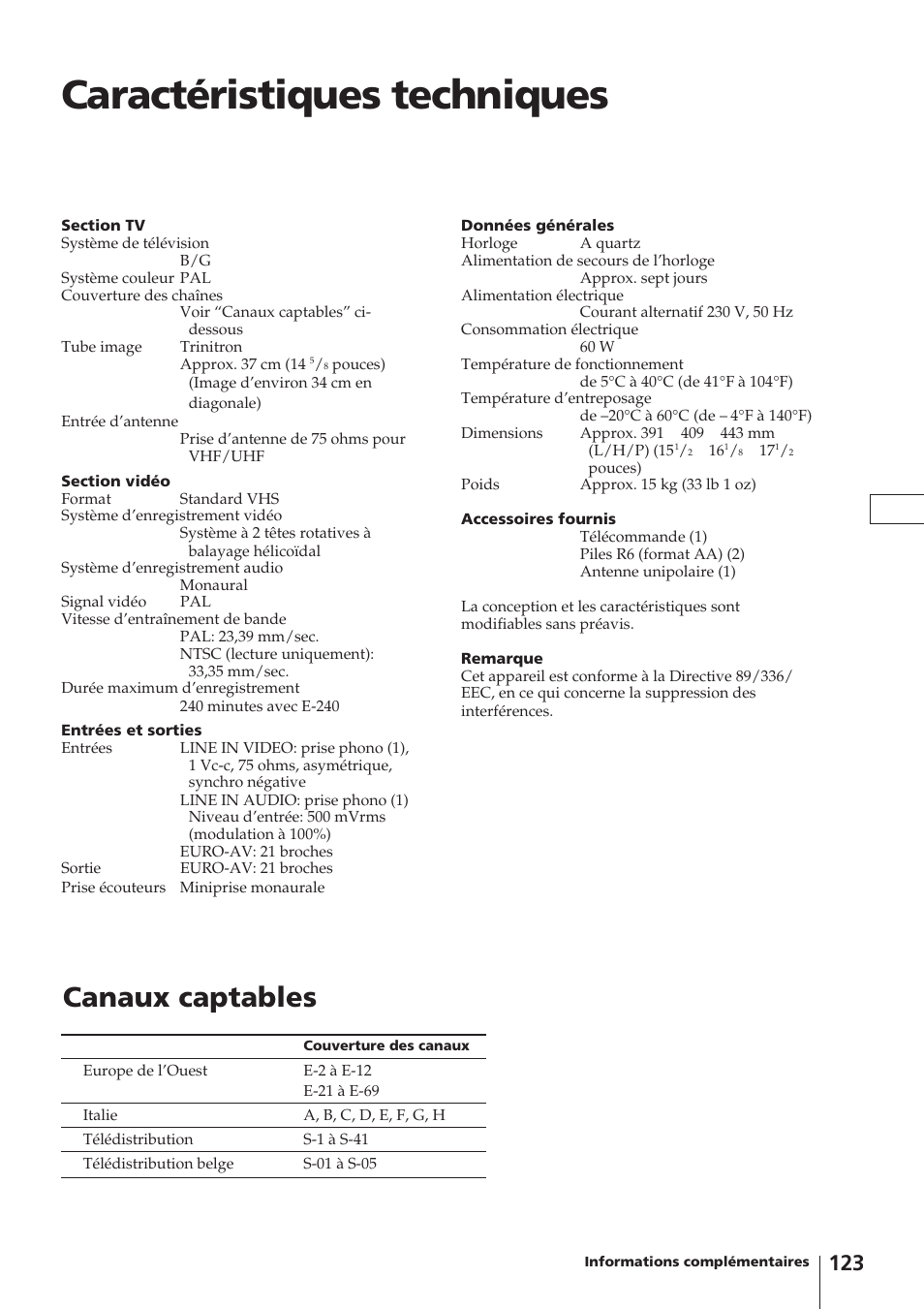 Caractéristiques techniques, Canaux captables | Sony Trinitron KV-14V4D User Manual | Page 123 / 210