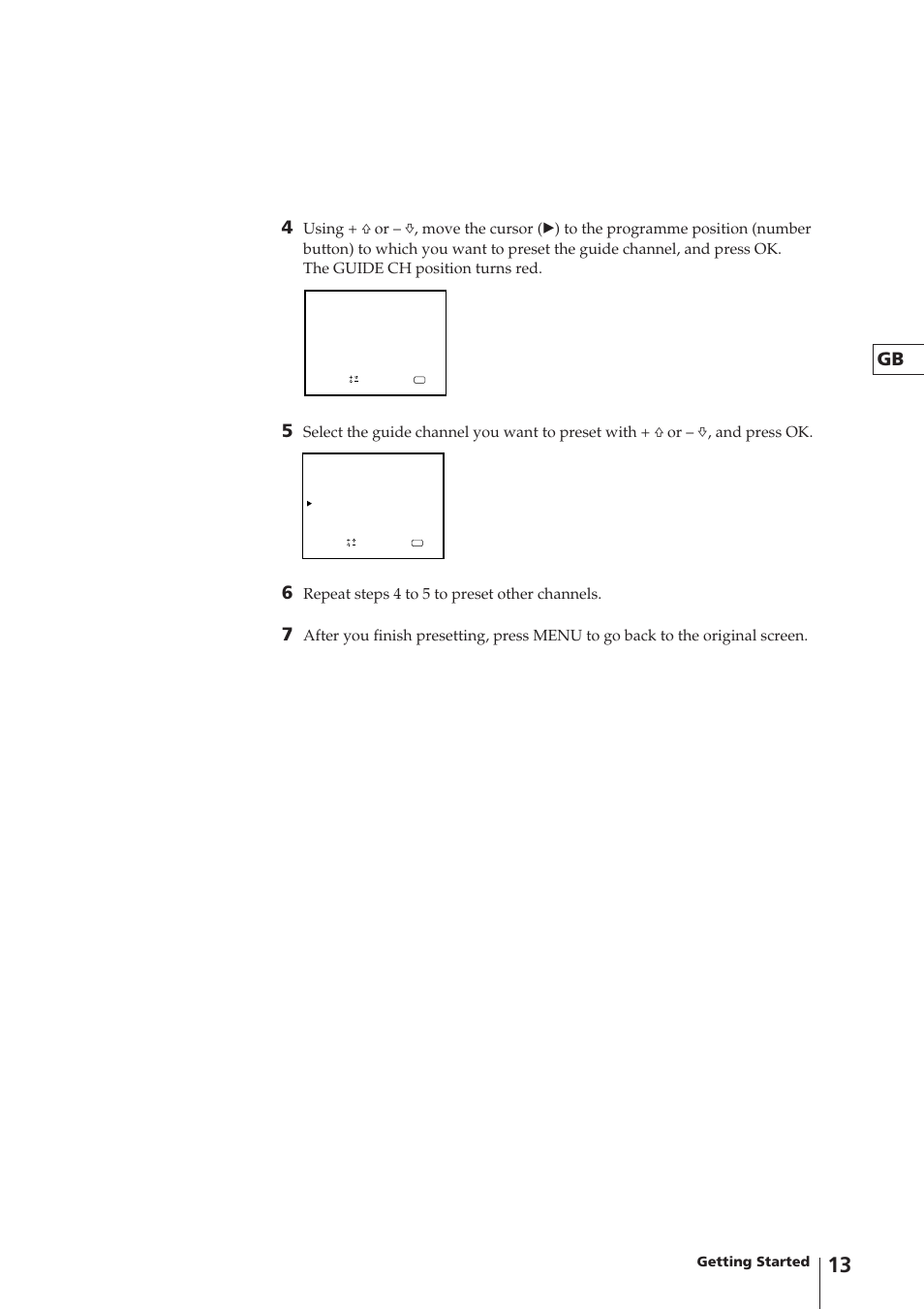 Gb 4, Repeat steps 4 to 5 to preset other channels, Getting started | Sony Trinitron KV-14V4D User Manual | Page 13 / 210