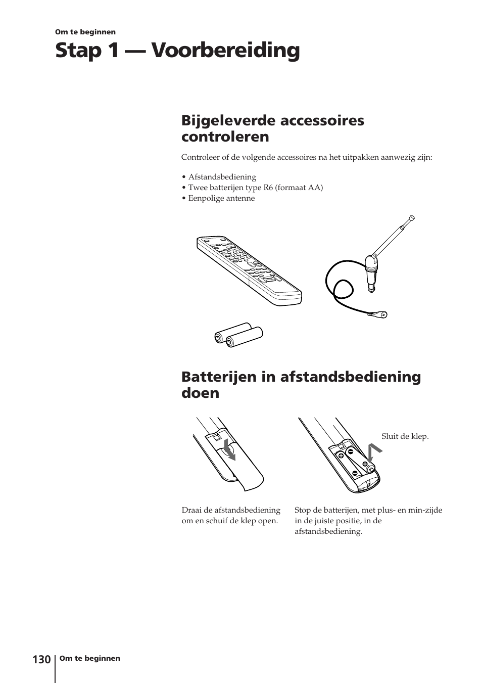 Stap 1 — voorbereiding, Bijgeleverde accessoires controleren, Batterijen in afstandsbediening doen | Sony Trinitron KV-14V4D User Manual | Page 130 / 210