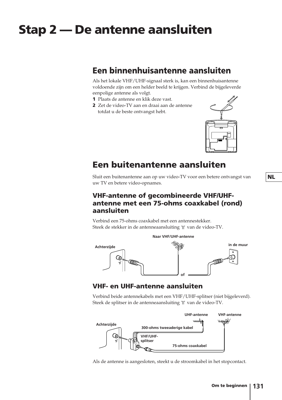 Stap 2 — de antenne aansluiten, Een binnenhuisantenne aansluiten, Een buitenantenne aansluiten | Vhf- en uhf-antenne aansluiten | Sony Trinitron KV-14V4D User Manual | Page 131 / 210