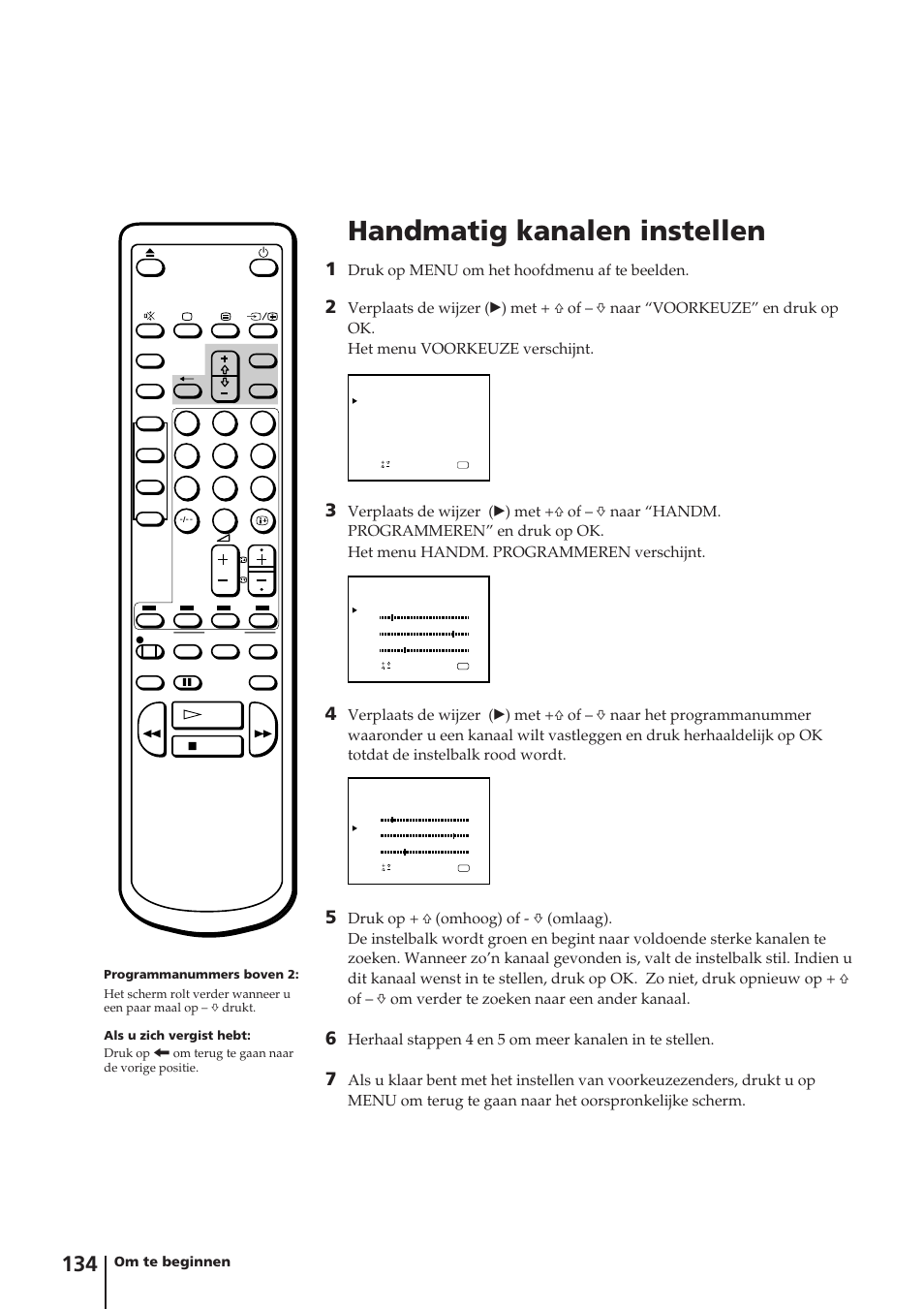 Handmatig kanalen instellen, Druk op menu om het hoofdmenu af te beelden, Om te beginnen | Sony Trinitron KV-14V4D User Manual | Page 134 / 210