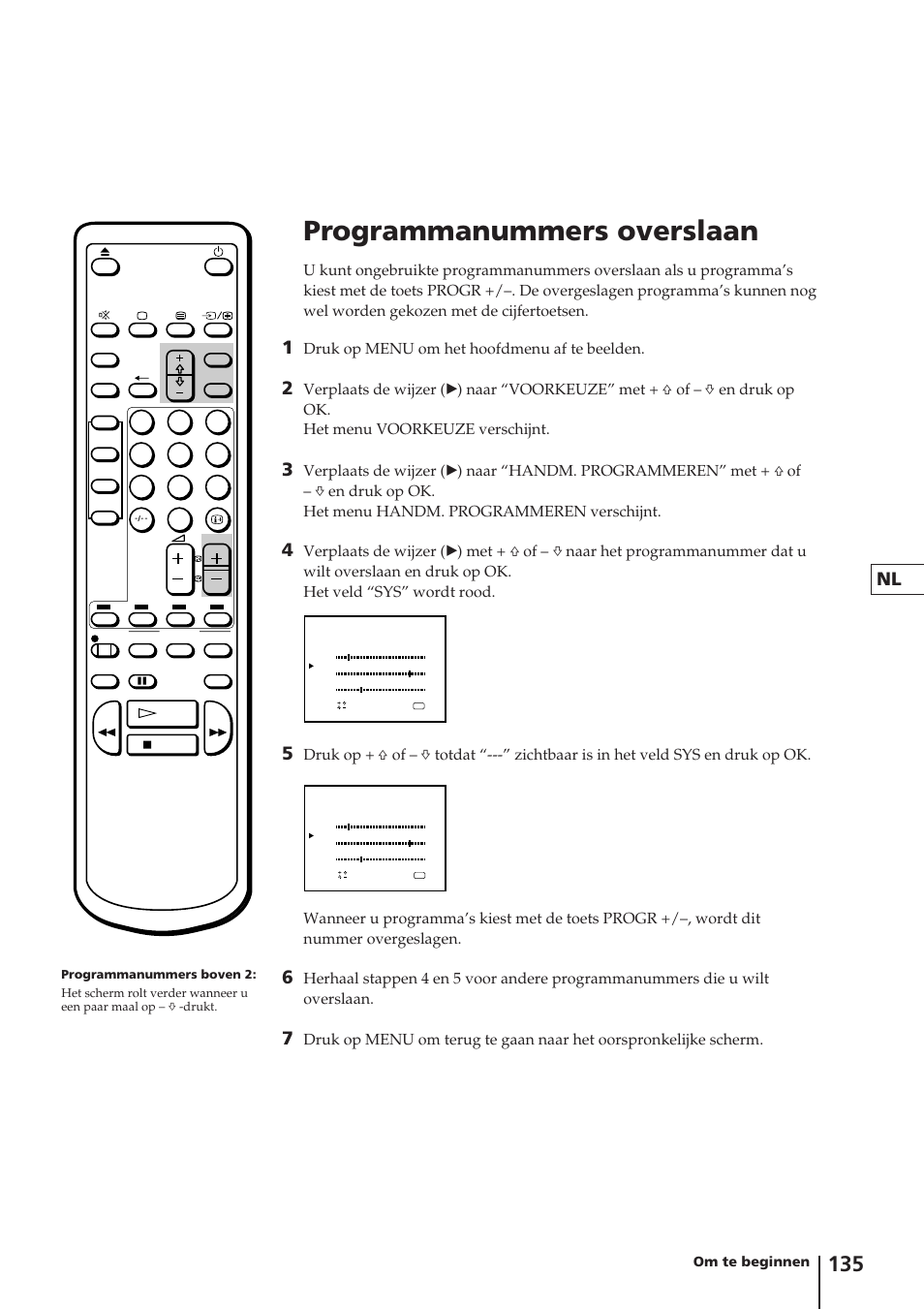 Programmanummers overslaan, Druk op menu om het hoofdmenu af te beelden, Om te beginnen | Sony Trinitron KV-14V4D User Manual | Page 135 / 210