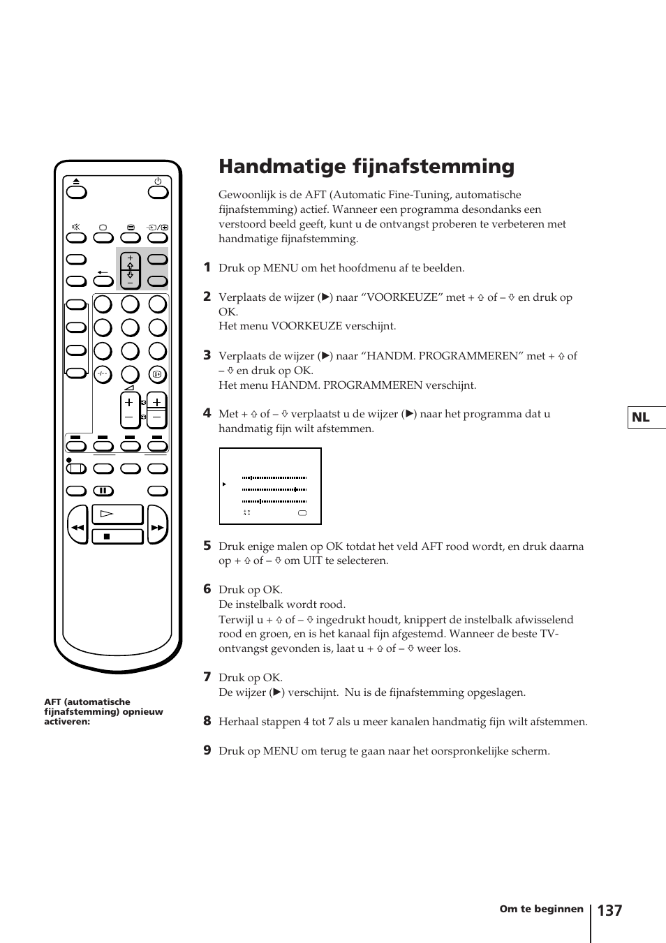 Handmatige fijnafstemming, Druk op menu om het hoofdmenu af te beelden | Sony Trinitron KV-14V4D User Manual | Page 137 / 210