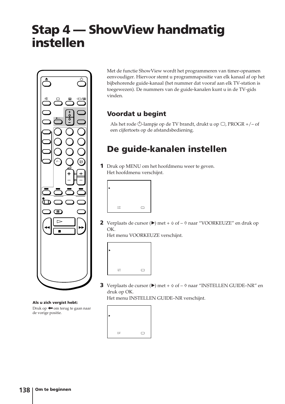 Stap 4 — showview handmatig instellen, De guide-kanalen instellen, Voordat u begint | Sony Trinitron KV-14V4D User Manual | Page 138 / 210