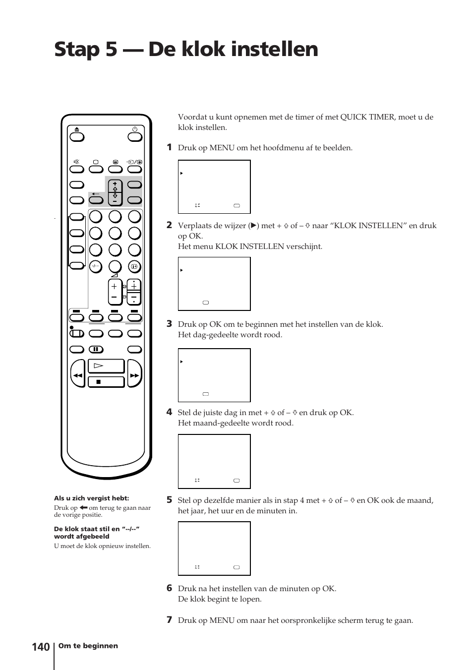 Stap 5 — de klok instellen, Druk op menu om het hoofdmenu af te beelden | Sony Trinitron KV-14V4D User Manual | Page 140 / 210