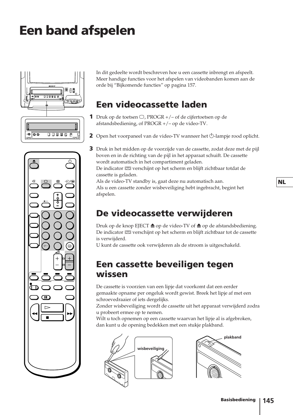 Een band afspelen, Een videocassette laden, De videocassette verwijderen | Een cassette beveiligen tegen wissen | Sony Trinitron KV-14V4D User Manual | Page 145 / 210