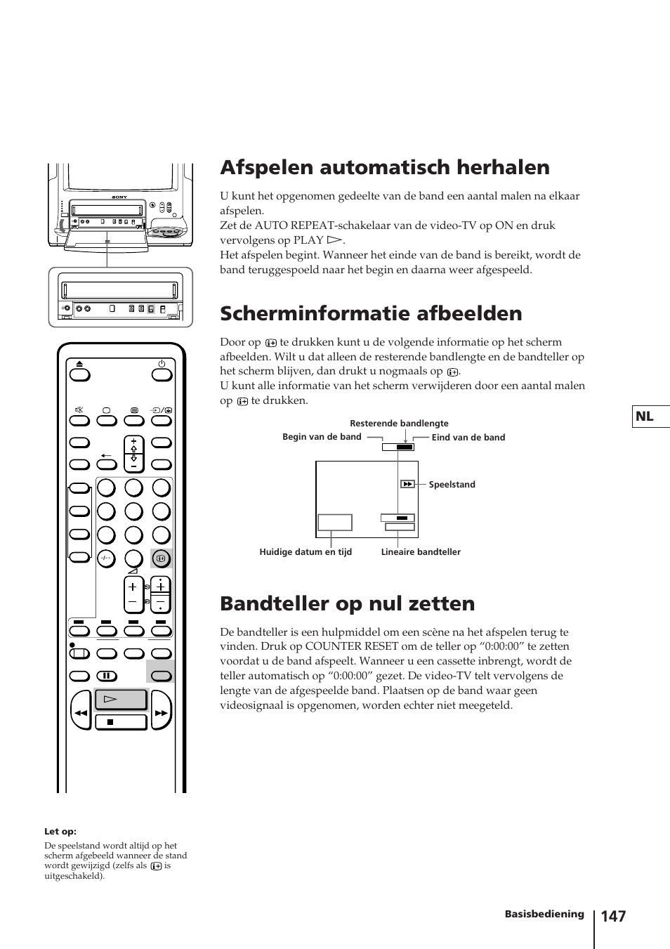 Afspelen automatisch herhalen, Scherminformatie afbeelden, Bandteller op nul zetten | Sony Trinitron KV-14V4D User Manual | Page 147 / 210