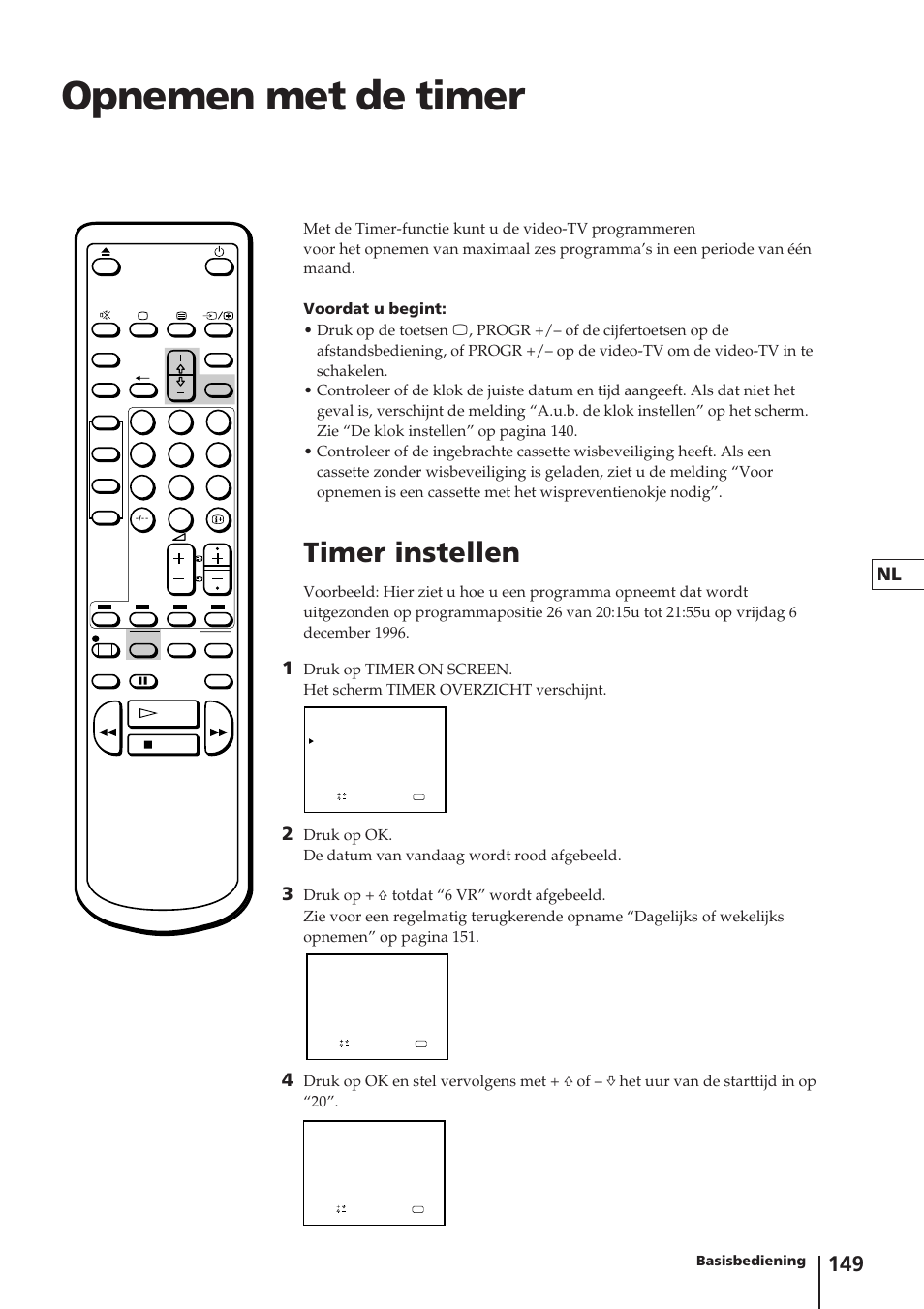 Opnemen met de timer, Timer instellen, Basisbediening | Sony Trinitron KV-14V4D User Manual | Page 149 / 210