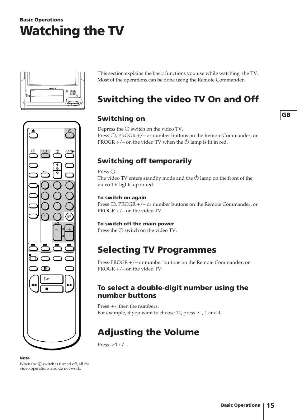 Watching the tv, Switching the video tv on and off, Selecting tv programmes | Adjusting the volume, Switching on, Switching off temporarily | Sony Trinitron KV-14V4D User Manual | Page 15 / 210
