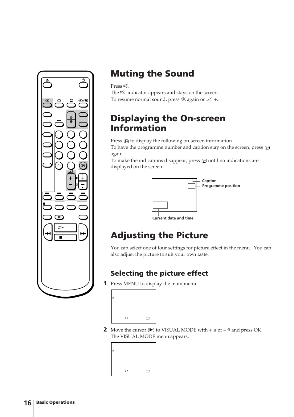 Muting the sound, Displaying the on-screen information, Adjusting the picture | Selecting the picture effect, Press menu to display the main menu | Sony Trinitron KV-14V4D User Manual | Page 16 / 210