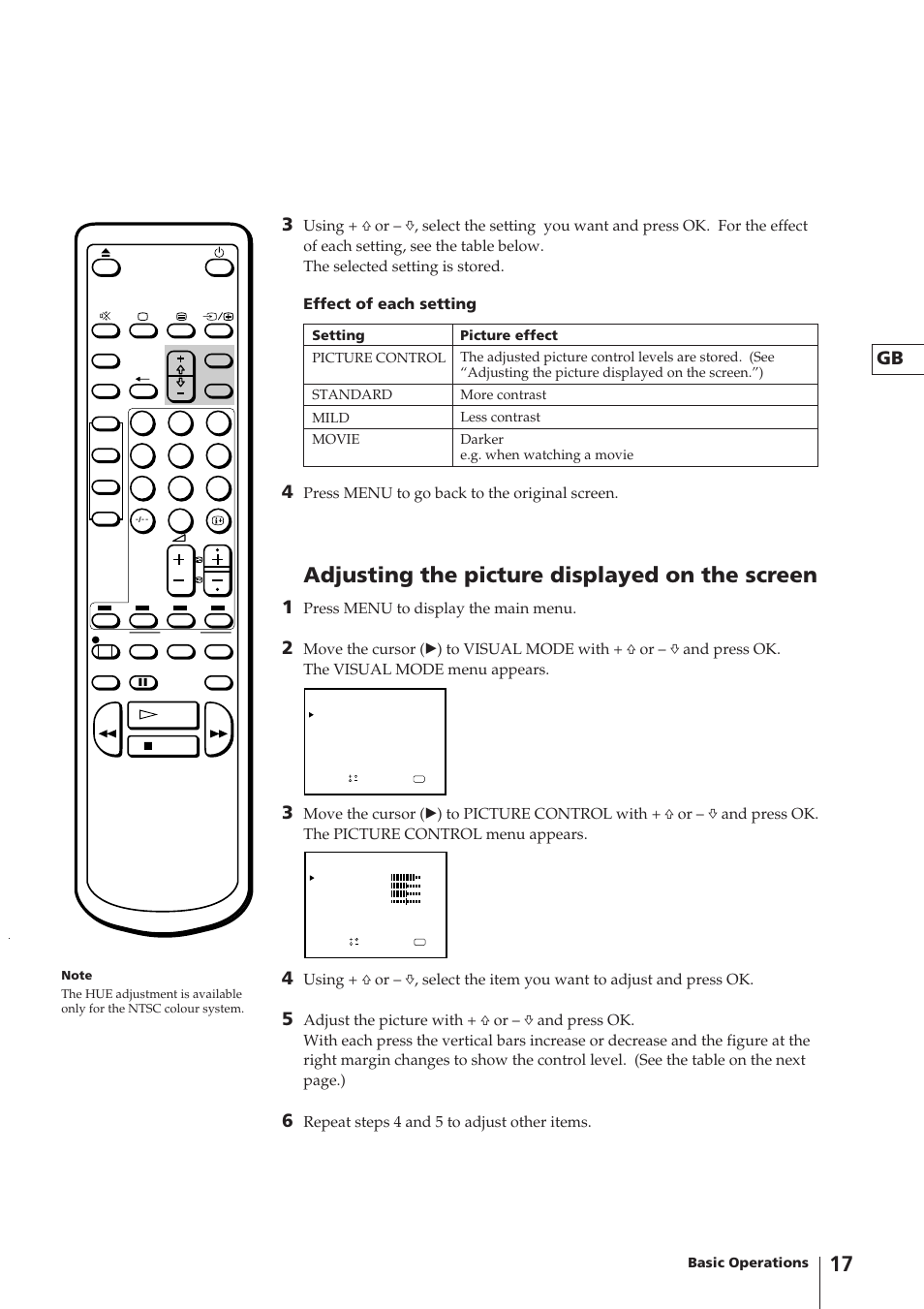 Adjusting the picture displayed on the screen, Press menu to go back to the original screen, Press menu to display the main menu | Repeat steps 4 and 5 to adjust other items | Sony Trinitron KV-14V4D User Manual | Page 17 / 210