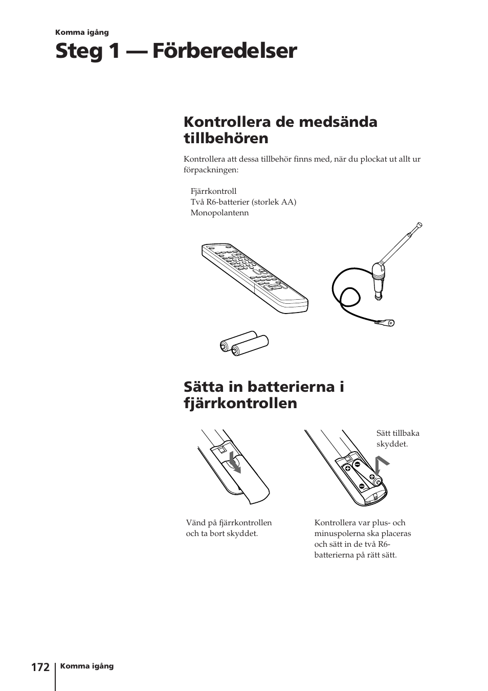 Steg 1 — förberedelser, Kontrollera de medsända tillbehören, Sätta in batterierna i fjärrkontrollen | Sony Trinitron KV-14V4D User Manual | Page 172 / 210