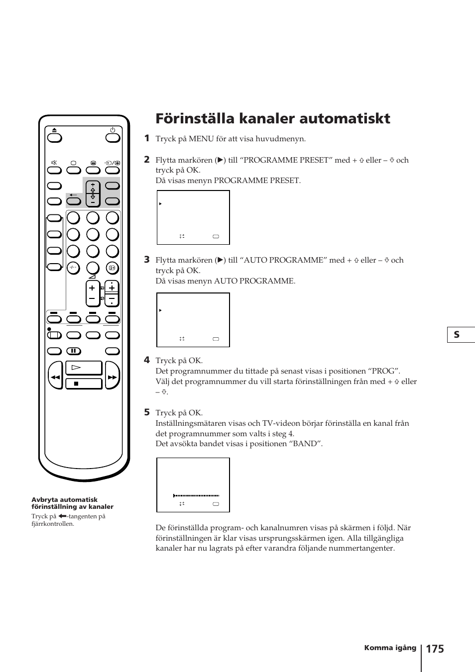 Förinställa kanaler automatiskt, Tryck på menu för att visa huvudmenyn, Komma igång | Sony Trinitron KV-14V4D User Manual | Page 175 / 210