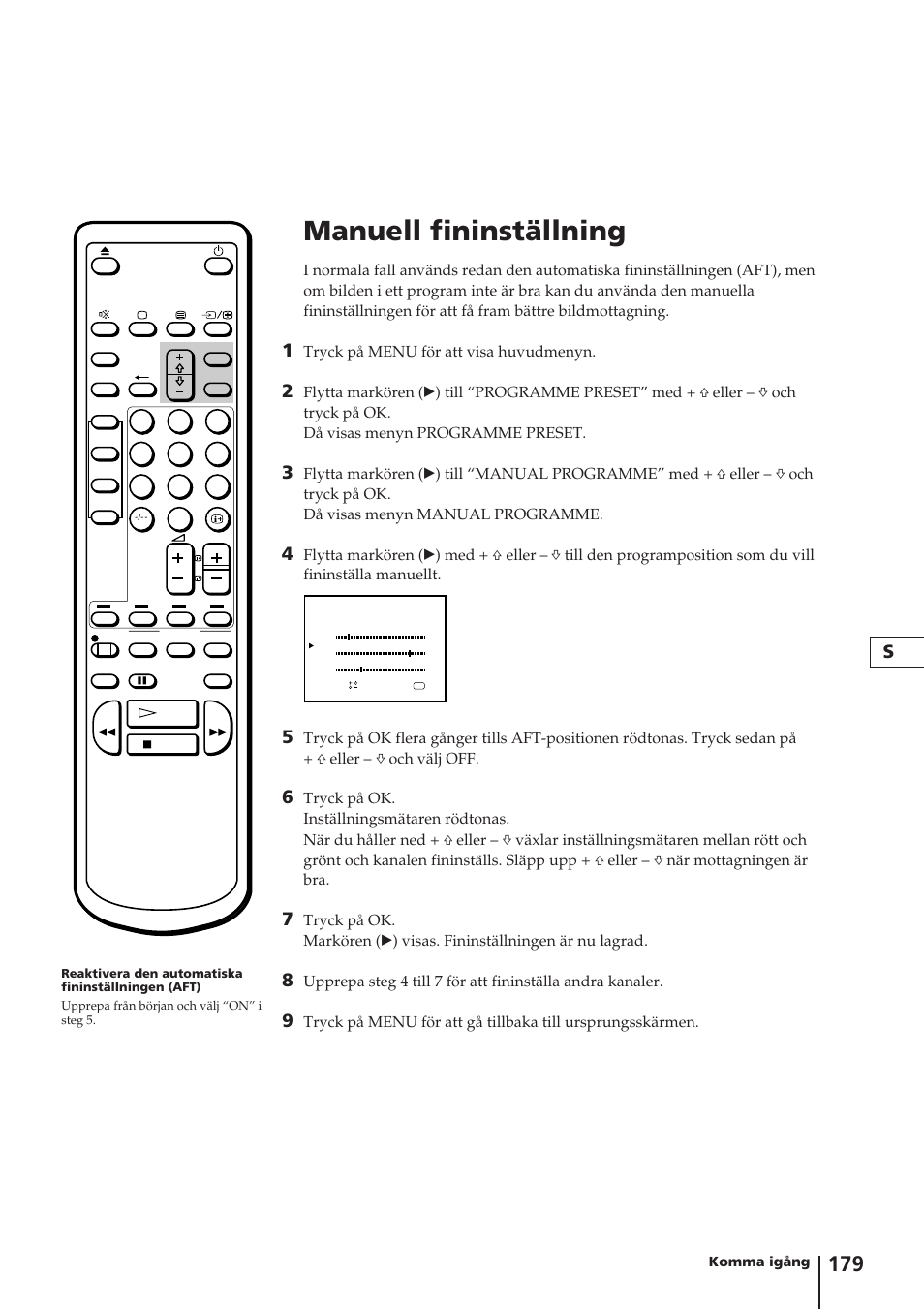 Manuell fininställning, Tryck på menu för att visa huvudmenyn | Sony Trinitron KV-14V4D User Manual | Page 179 / 210