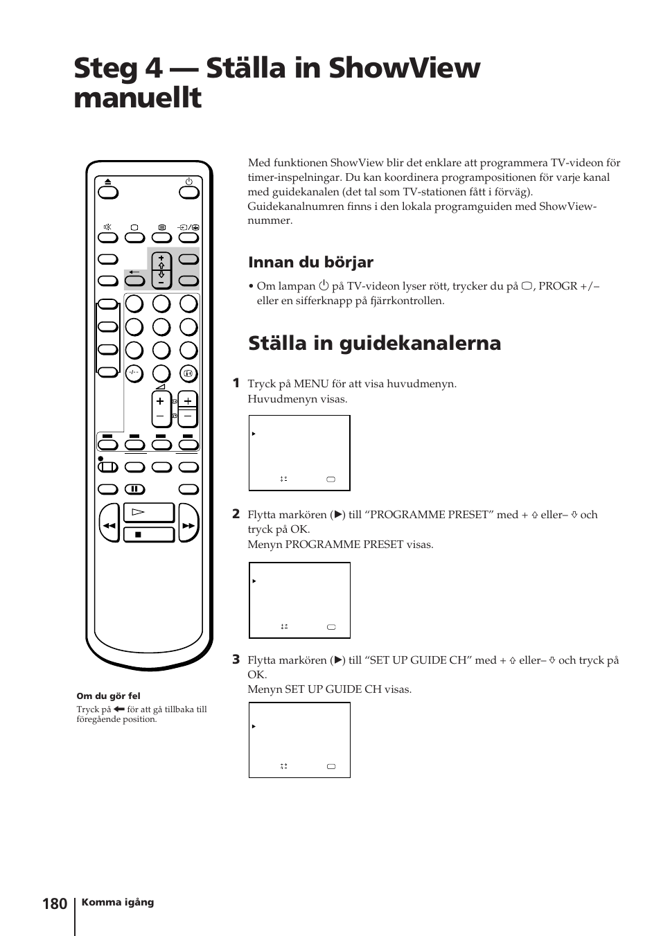Steg 4 — ställa in showview manuellt, Ställa in guidekanalerna, Innan du börjar | Sony Trinitron KV-14V4D User Manual | Page 180 / 210