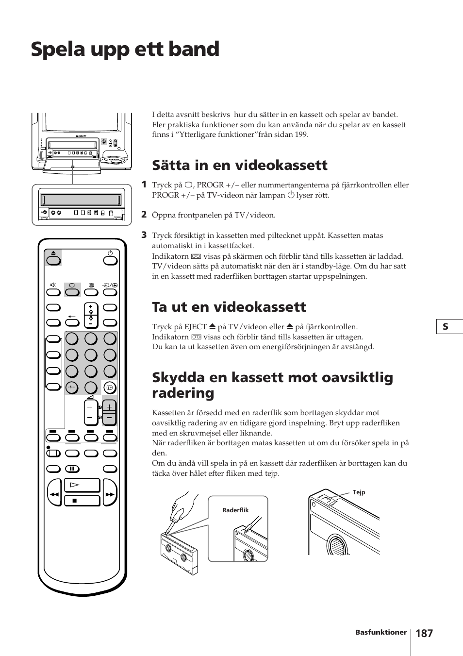 Spela upp ett band, Sätta in en videokassett, Ta ut en videokassett | Skydda en kassett mot oavsiktlig radering | Sony Trinitron KV-14V4D User Manual | Page 187 / 210